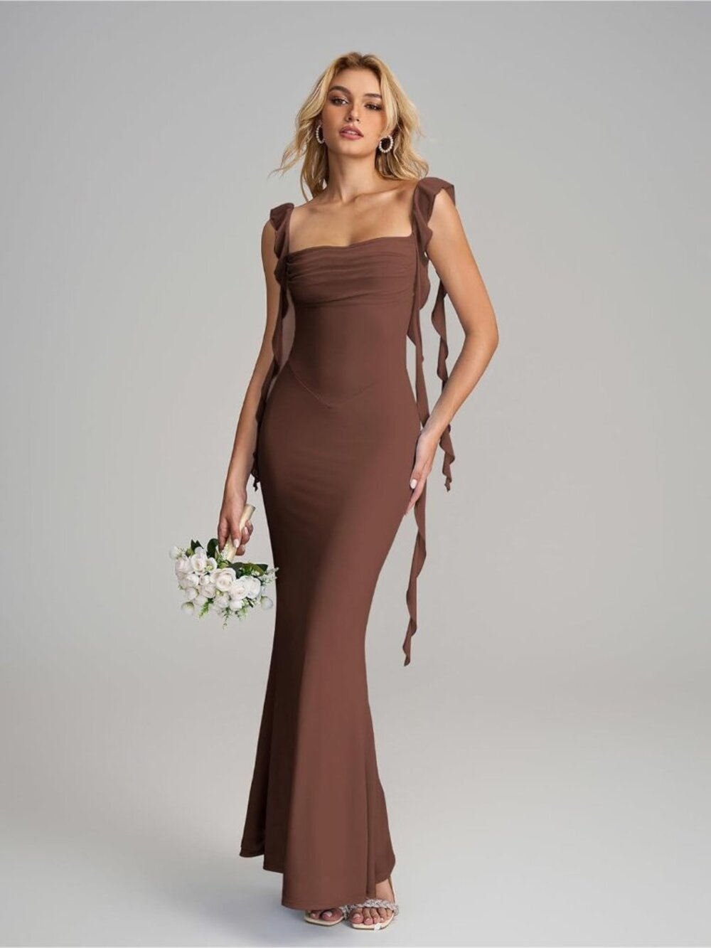 Women's Brown Boat Neck Elegant Ruffle Bodycon Formal Cocktail Maxi Dress - Picture 2 of 5